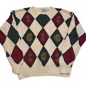 Vintage Penn's Landing Knit Sweater Mens Large Diamond Argyle Pattern Red Green